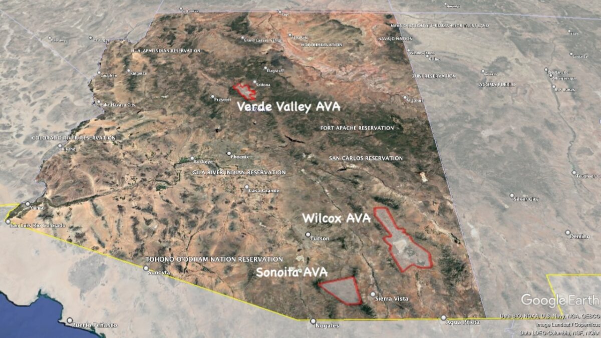 Map showing the location of the AVAs within Arizona.