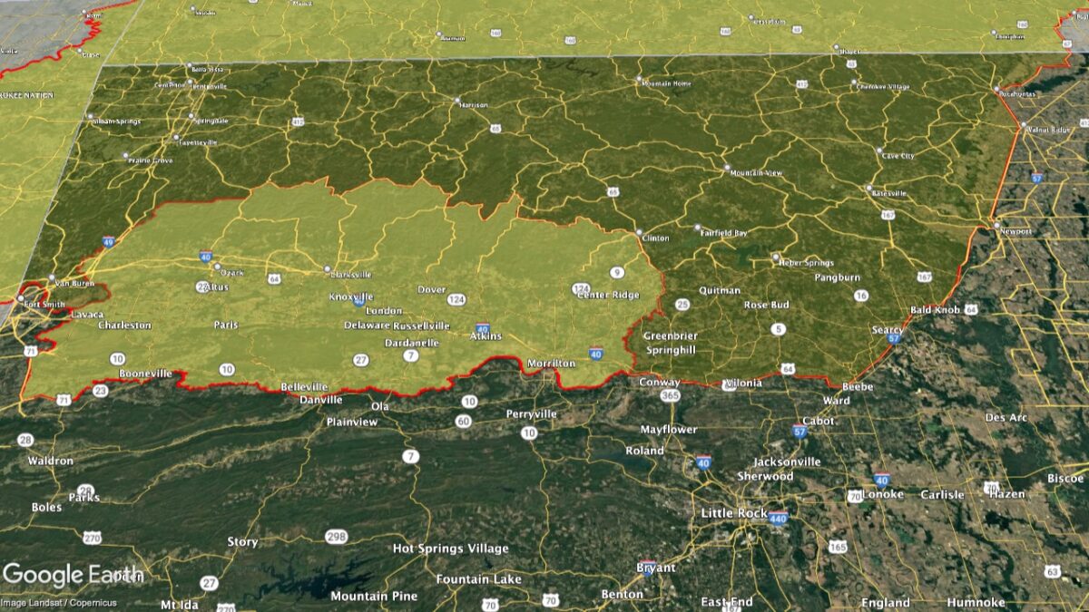 Map showing the location of the Ozark Mountain AVA within Arkansas.
