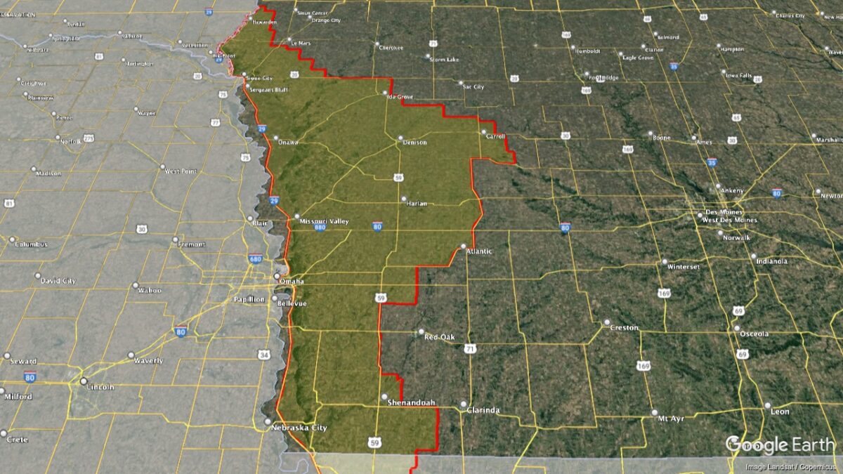 Map showing the location of the Loess Hills District AVA within Iowa.