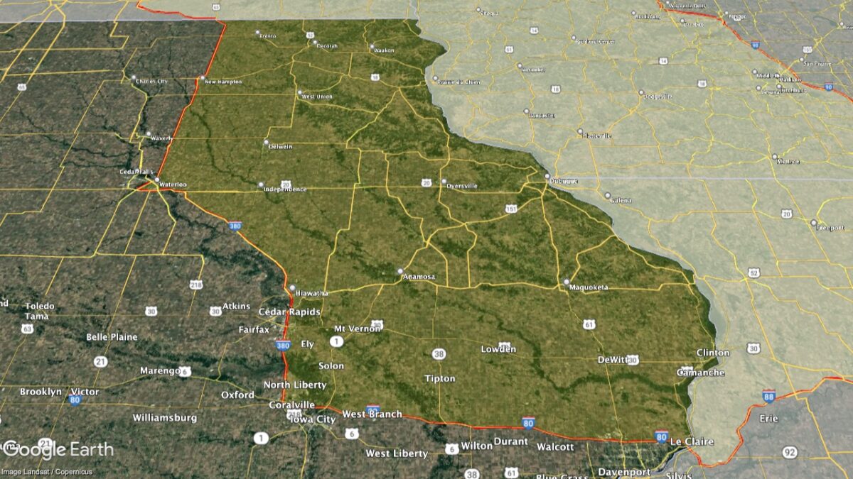 Map showing the location of the Upper Mississippi River Valley AVA within Iowa.