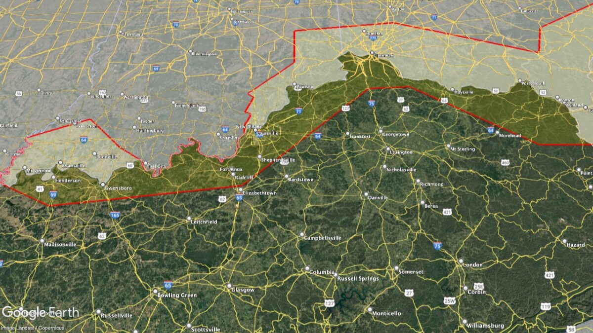 Map showing the location of the Ohio River Valley AVA in Kentucky.