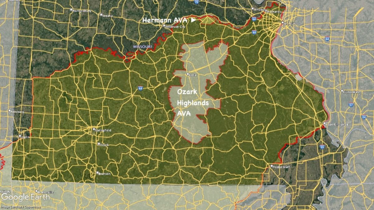 Map showing the location pod the Ozark Mountain AVA within Missouri.