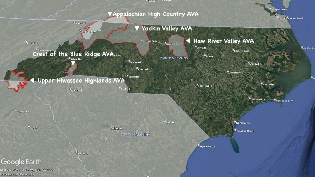 Map showing the location of the AVAs within North Carolina.