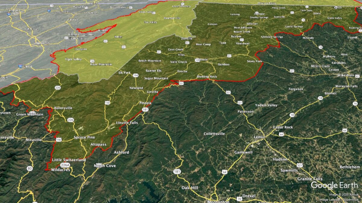 Map showing the location of the Appalachian High Country AVA within North Carolina.