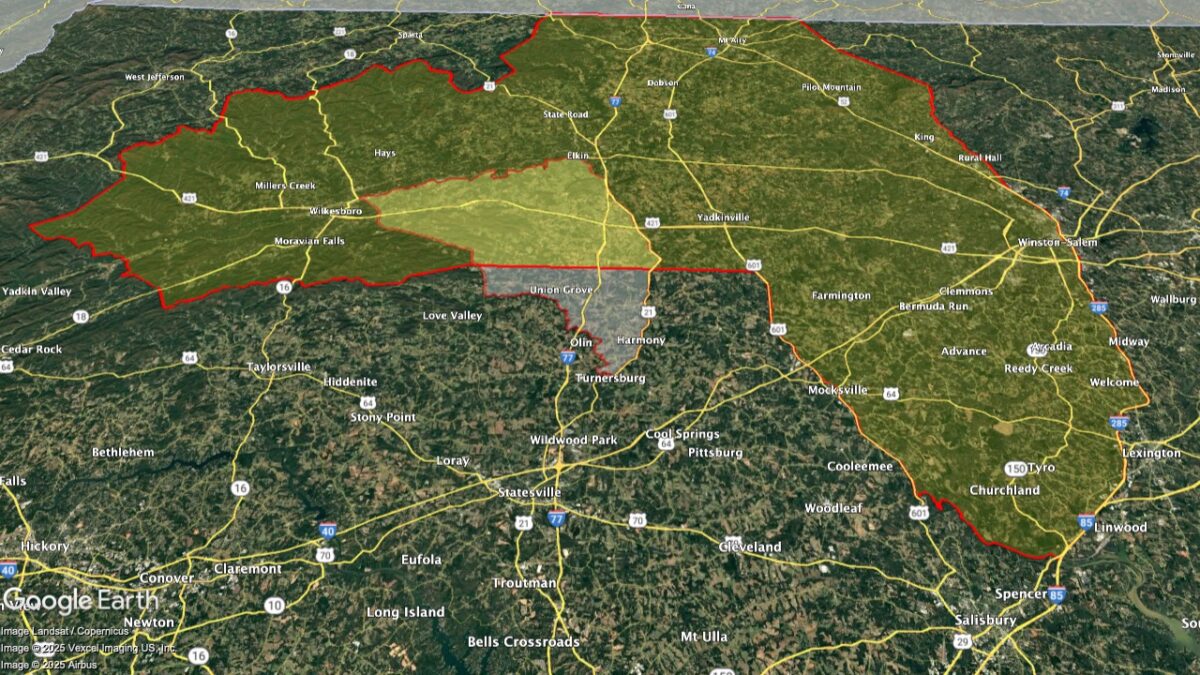 Map showing the location of the Yadkin Valley AVA within North Carolina.