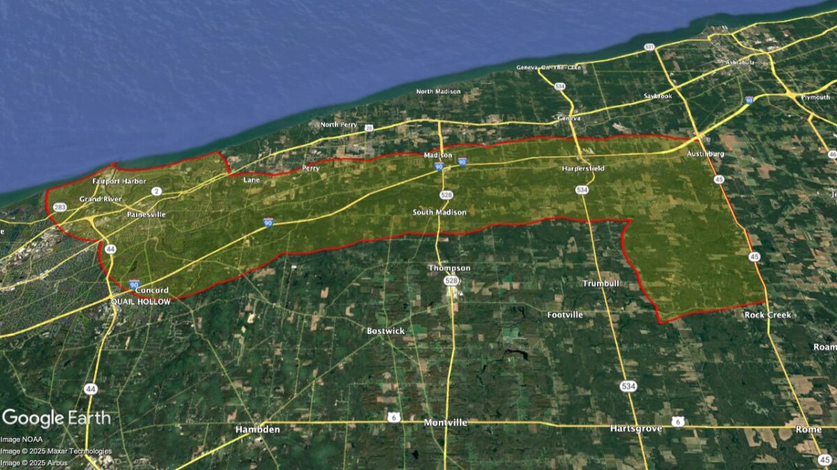 Map showing the location of the Grand River Valley AVAs within Ohio.