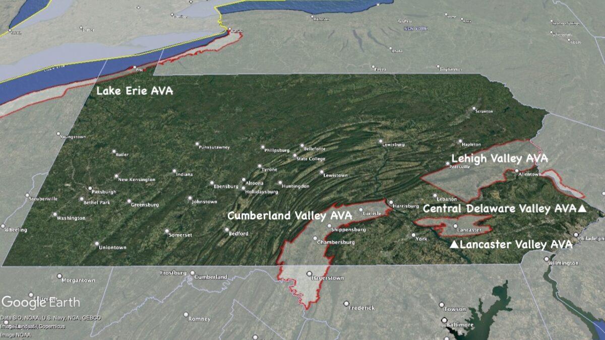 Map showing the location of the AVAs within Pennsylvania.