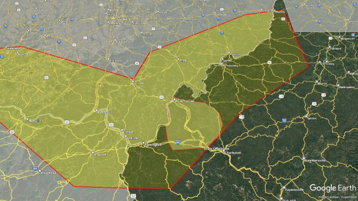 Map showing the location of the -Ohio River Valley AVA within West Virginia.