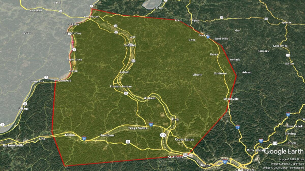 Map showing the location of the Kanawha River Valley AVAs within West Virginia.