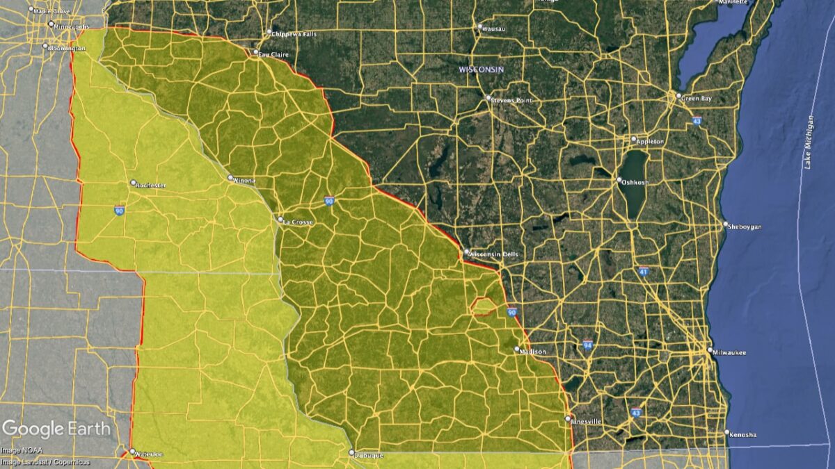 Map showing the location of the Upper Mississippi River AVA within Wisconsin.
